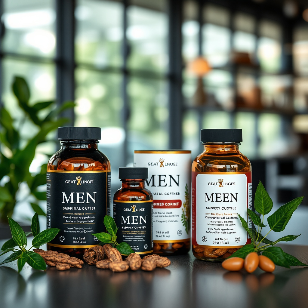 Suplementos naturales premium para hombres, frascos elegantes con ingredientes naturales y plantas medicinales en un ambiente moderno y profesional