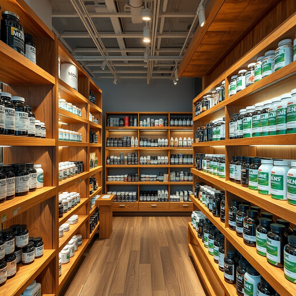 Interior de una moderna tienda de suplementos naturales en Valencia mostrando estantes de madera con productos para la salud masculina, iluminación cálida y ambiente acogedor