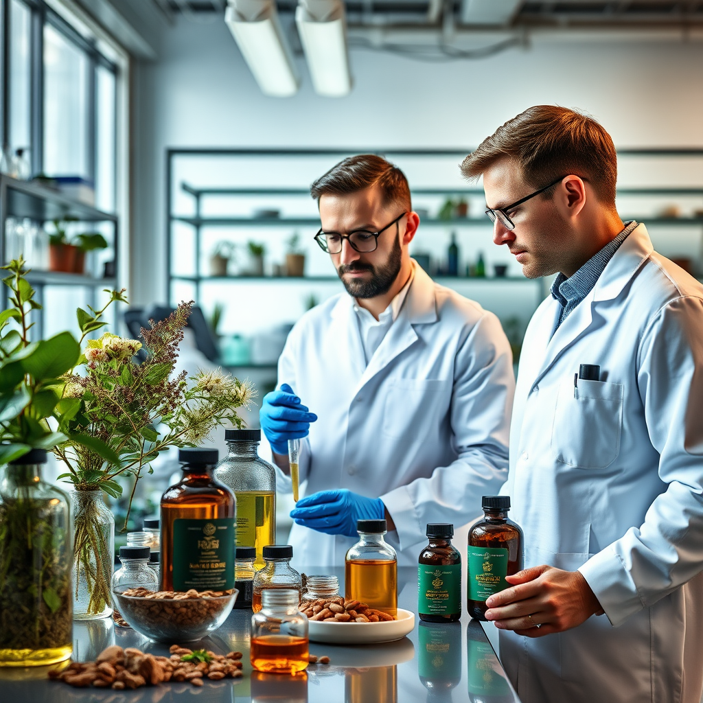 Laboratorio moderno con científicos analizando extractos de plantas medicinales y suplementos naturales para la salud masculina