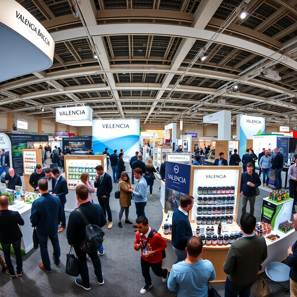 Vista panorámica del Valencia Health Expo 2024 mostrando stands modernos con productos de suplementos naturales para hombres, visitantes explorando innovaciones en bienestar masculino, ambiente profesional con iluminación natural