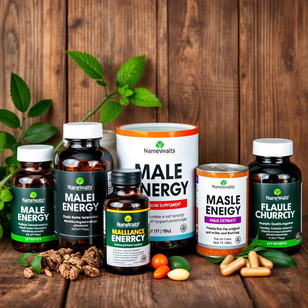 Colección premium de suplementos naturales para energía masculina, frascos de vidrio con extractos herbales y vitaminas naturales sobre fondo de madera rústica