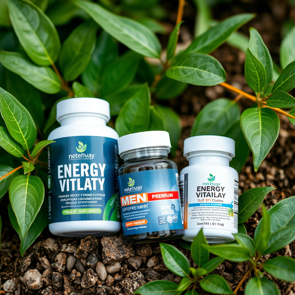 Suplementos naturales de energía y vitalidad para hombres, frascos de productos premium sobre fondo natural con hojas verdes