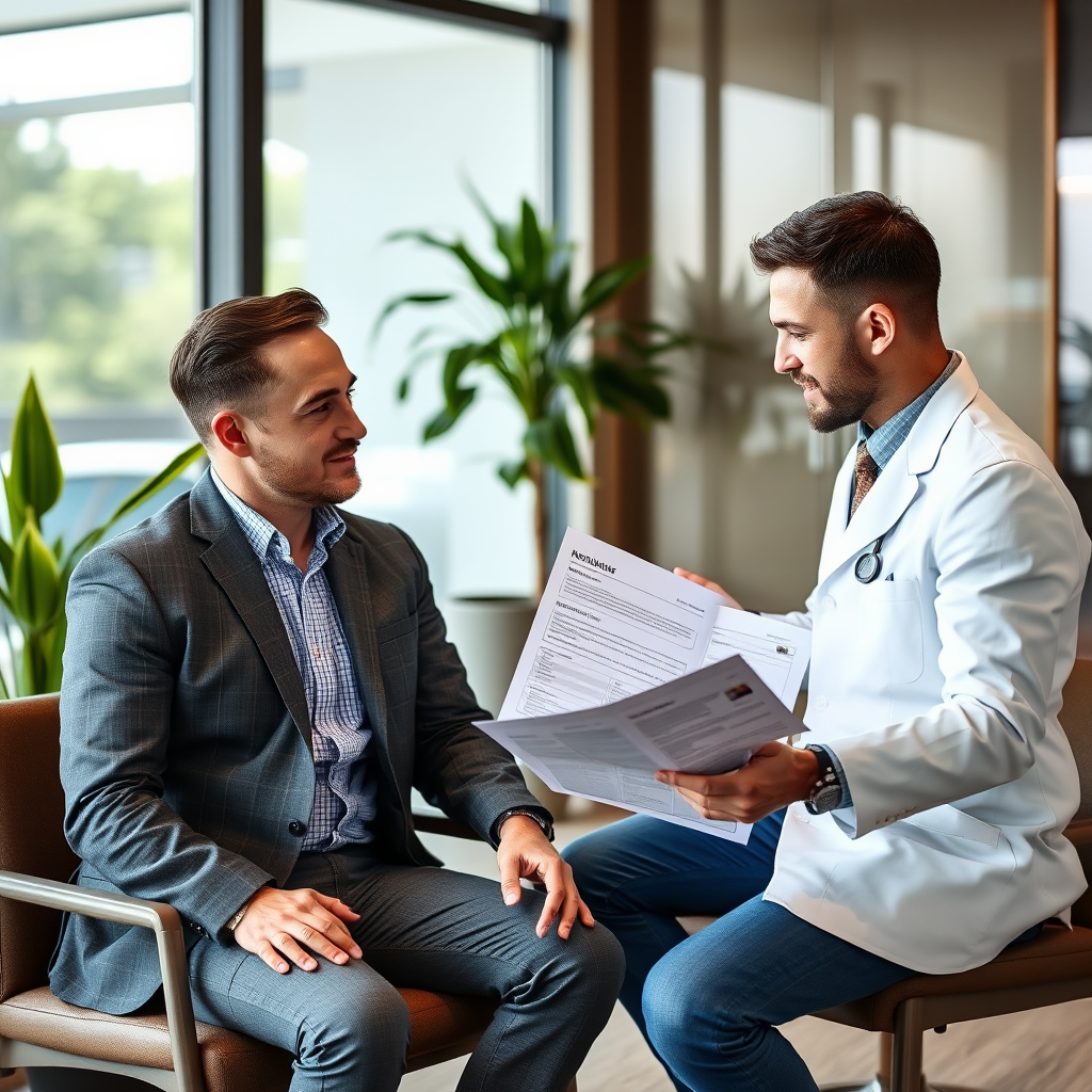 Consulta de bienestar masculino con experto en suplementos naturales en oficina moderna de Valencia, hombre profesional revisando plan de salud personalizado