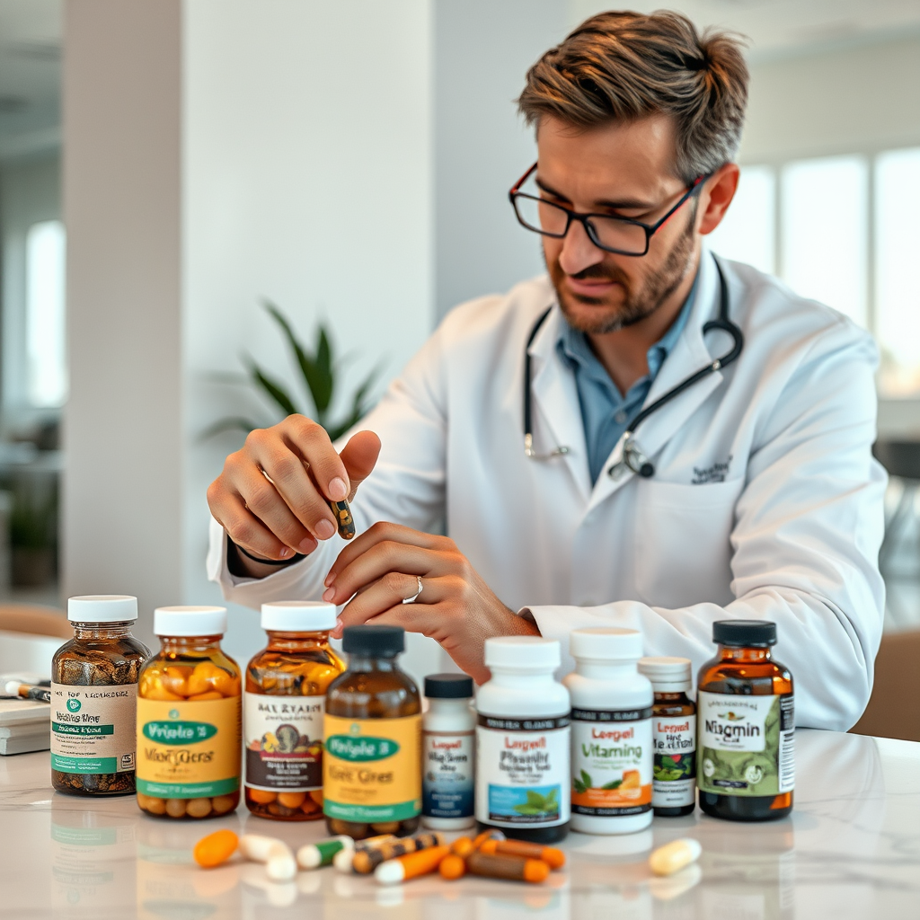 Profesional de la salud masculina creando un programa personalizado de suplementos naturales con frascos de vitaminas y hierbas sobre una mesa moderna en Valencia