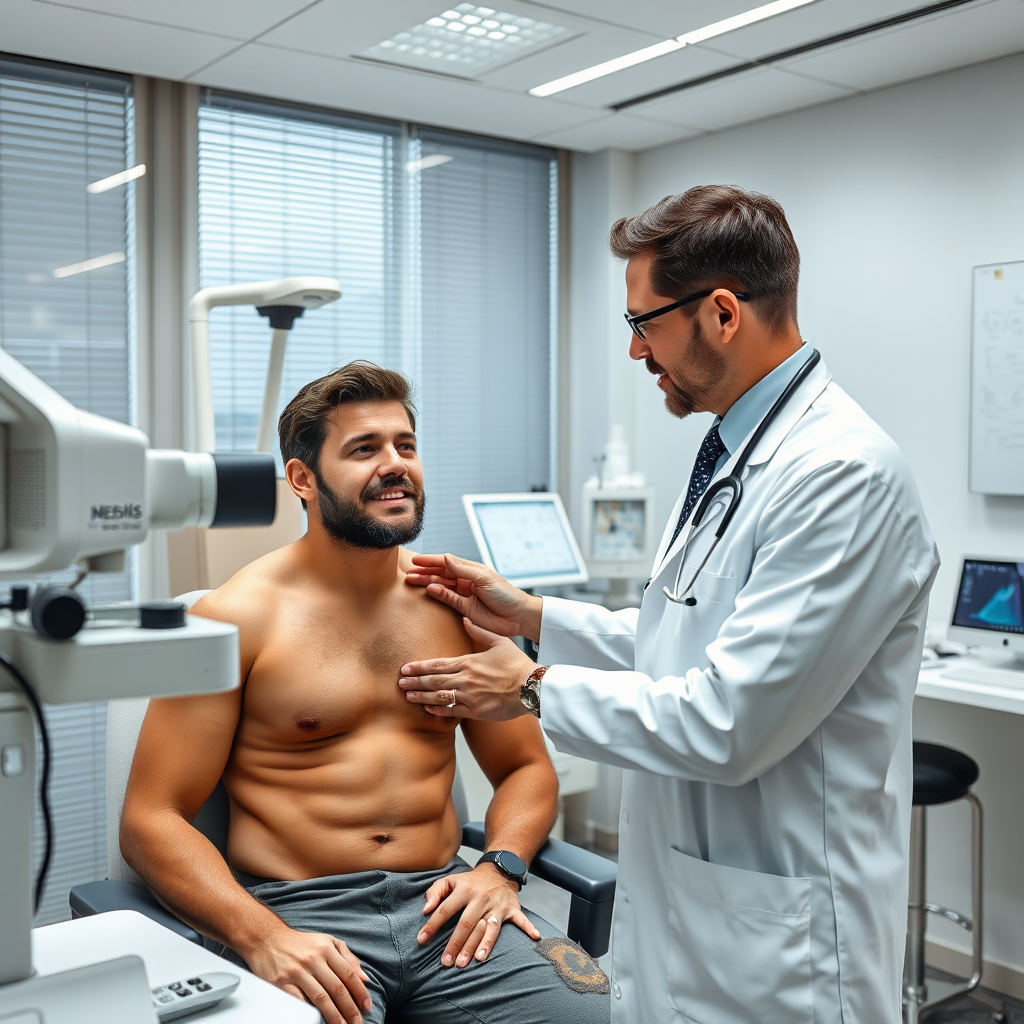 Profesional de la salud realizando evaluación nutricional completa a hombre adulto en consulta moderna con equipos de análisis