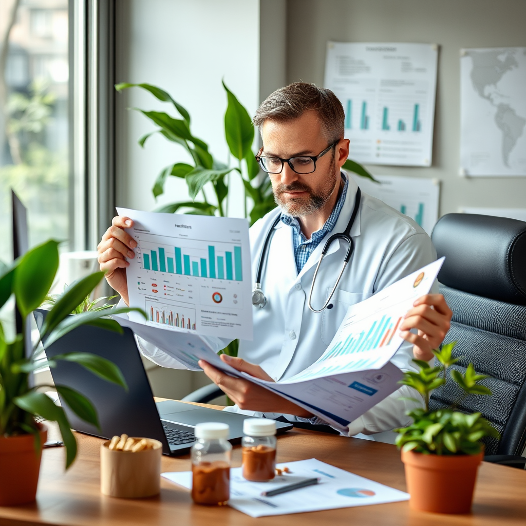 Profesional de la salud masculina revisando gráficos de progreso y planes de suplementos naturales en un escritorio moderno con plantas