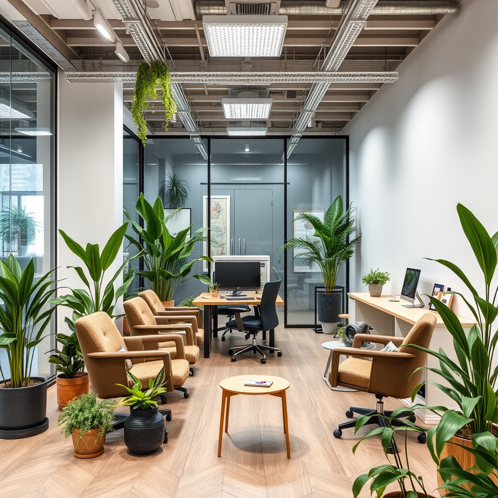Oficina moderna de ProCapses en Valencia, España, con ambiente profesional y natural, plantas decorativas y productos de suplementos naturales
