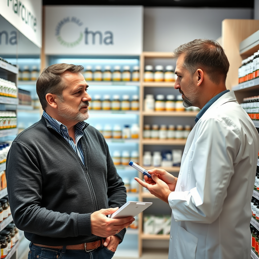 Hombre de mediana edad consultando con un farmacéutico profesional sobre suplementos naturales para la salud masculina en una farmacia moderna de Valencia