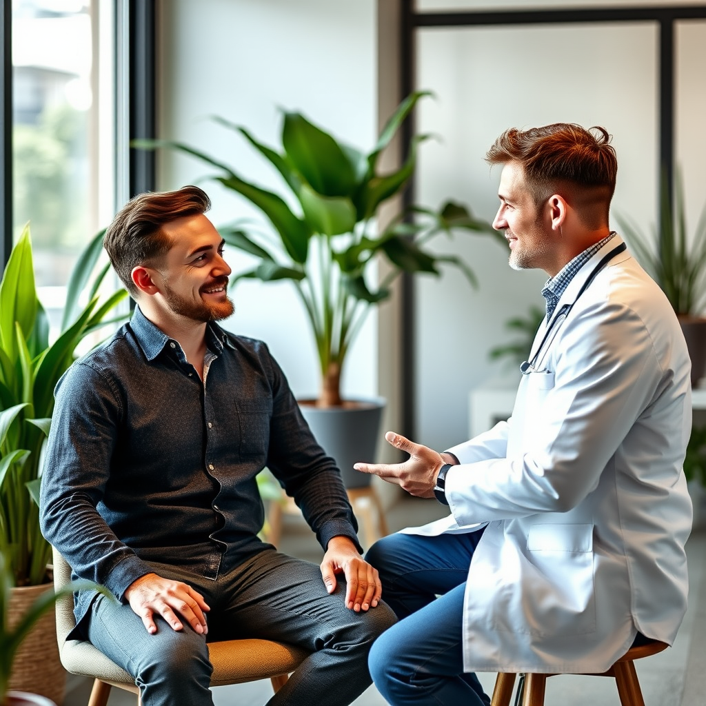 Consulta personalizada de bienestar masculino en Valencia, profesional de la salud consultando con cliente en oficina moderna con plantas naturales