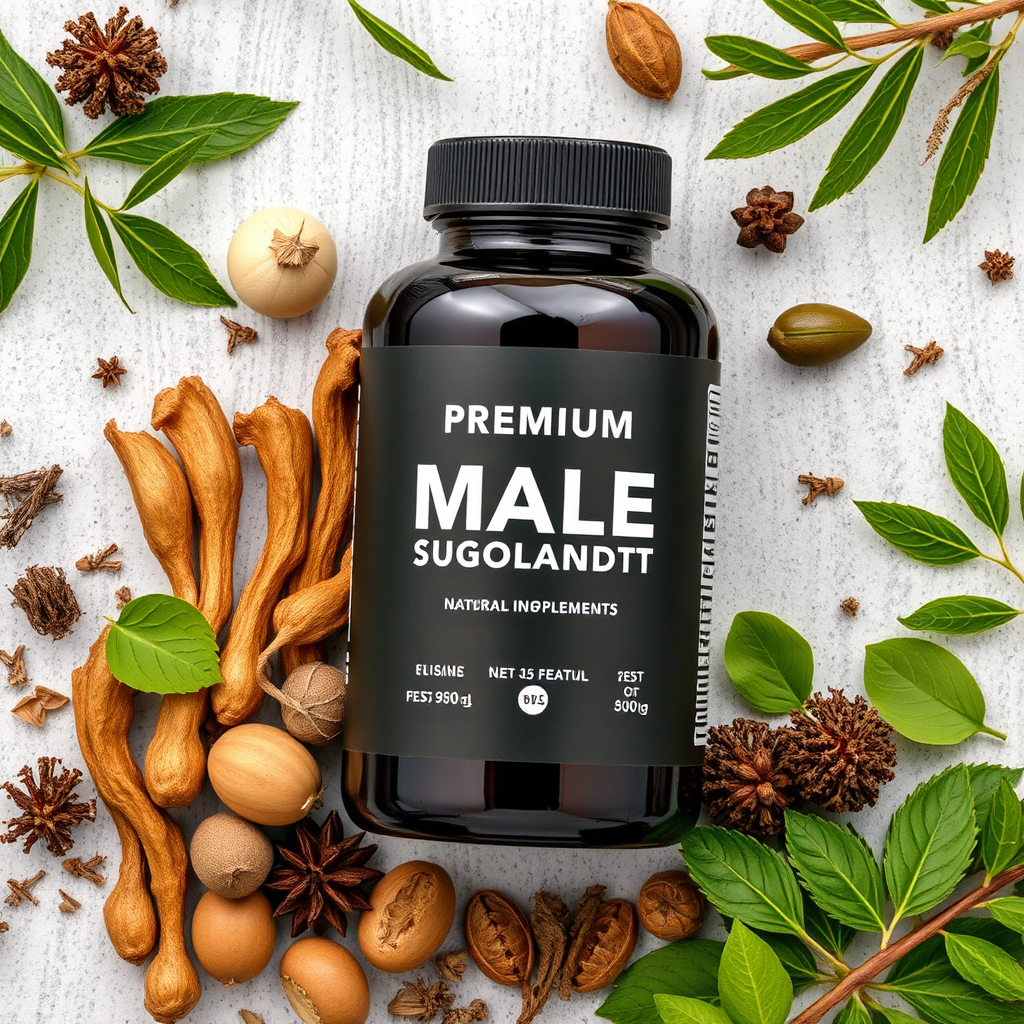 Ingredientes naturales premium para suplementos masculinos, hierbas y extractos orgánicos dispuestos artísticamente