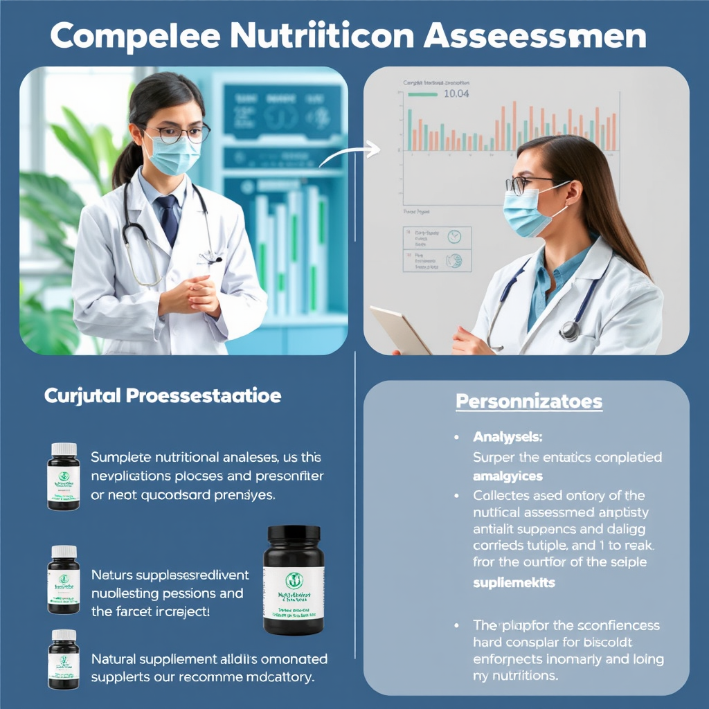 Proceso completo de evaluación nutricional mostrando análisis de laboratorio, consulta personalizada y recomendaciones de suplementos naturales