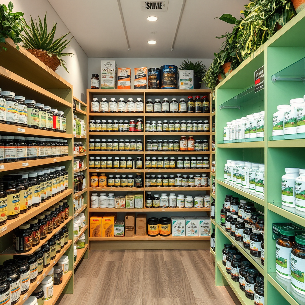 Tienda de suplementos naturales en Valencia con productos de bienestar masculino, estantes llenos de frascos de vitaminas y suplementos naturales, ambiente moderno y limpio con tonos verdes naturales