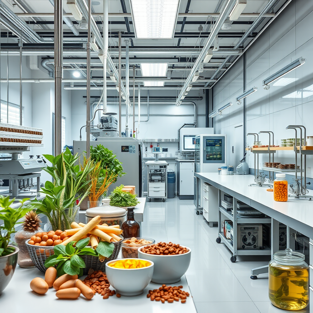 Laboratorio moderno especializado en la producción de suplementos naturales mostrando ingredientes orgánicos, equipos de última generación y procesos de calidad