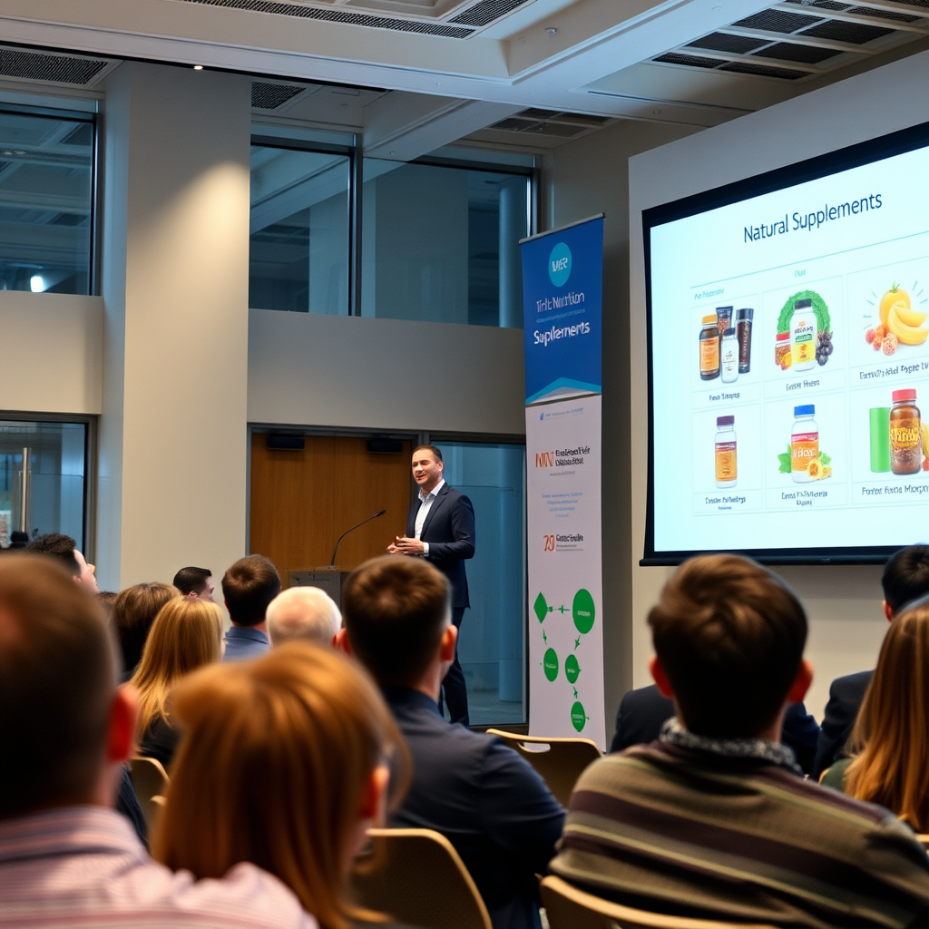 Conferencia magistral en Valencia Health Expo con especialista en nutrición masculina presentando ante audiencia profesional, pantalla con gráficos sobre suplementos naturales, ambiente académico moderno