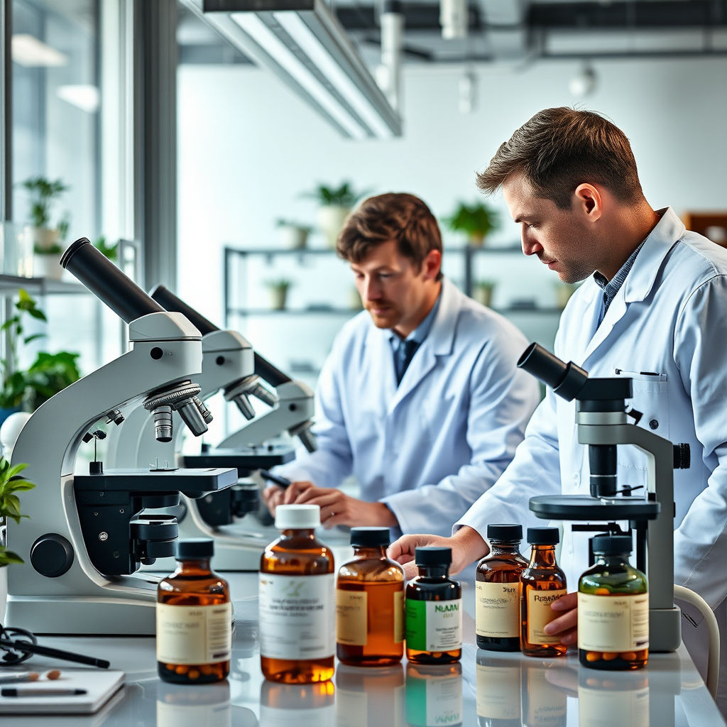 Laboratorio moderno con investigadores analizando suplementos naturales para la salud masculina, microscopios y frascos con extractos de plantas medicinales en Valencia