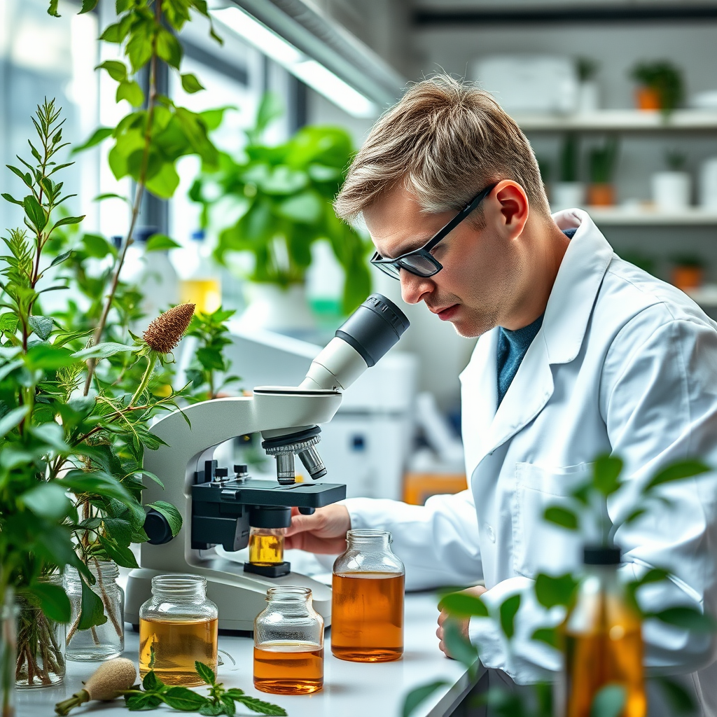 Laboratorio de investigación científica con plantas medicinales y extractos botánicos, científico examinando ingredientes naturales bajo microscopio, ambiente profesional con elementos verdes naturales