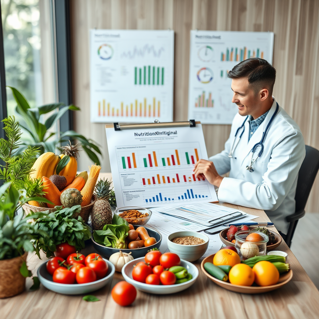 Evaluación nutricional profesional, gráficos de análisis nutricional y alimentos naturales sobre mesa de consulta médica moderna