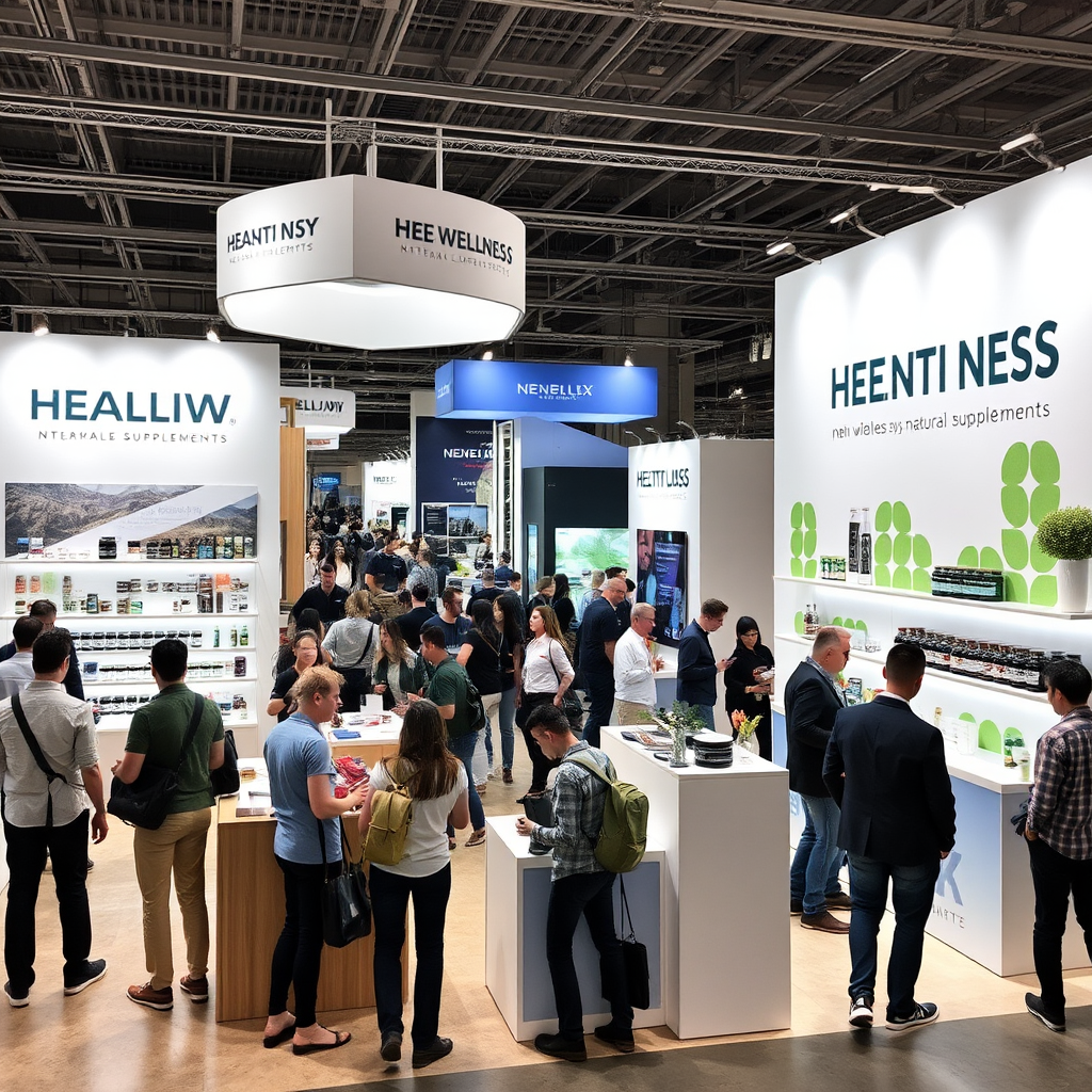 Feria de salud y bienestar en Valencia con stands modernos mostrando productos de bienestar masculino, visitantes explorando innovaciones en suplementos naturales, ambiente profesional y dinámico