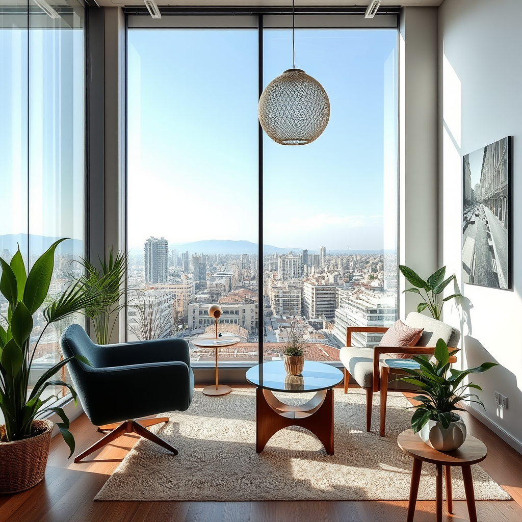 Oficina moderna en Valencia con vista de la ciudad, espacio de consulta profesional para bienestar masculino con decoración natural