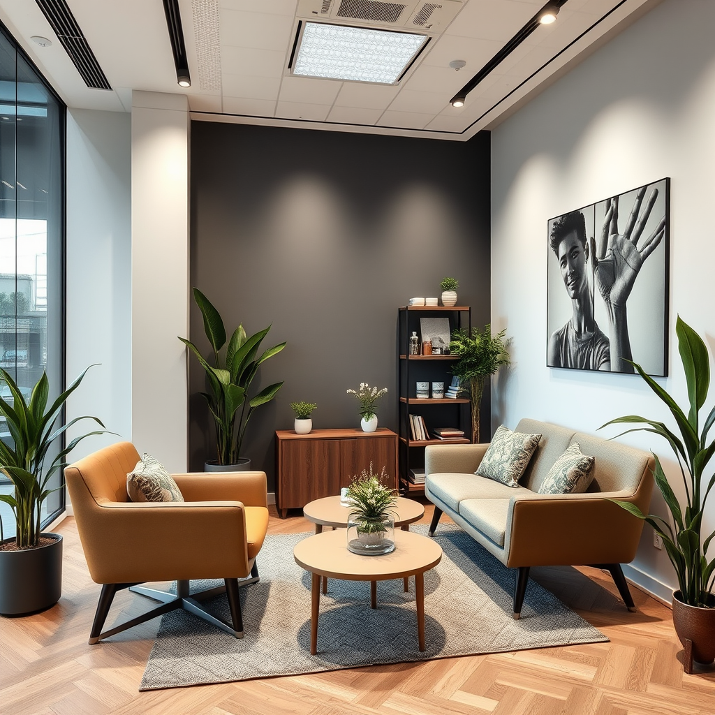 Oficina moderna de consultas de bienestar masculino en Valencia, sala de consulta profesional con ambiente acogedor para evaluación de suplementos naturales